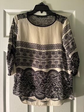 Zara Cream and Black Lace Design Blouse Womens